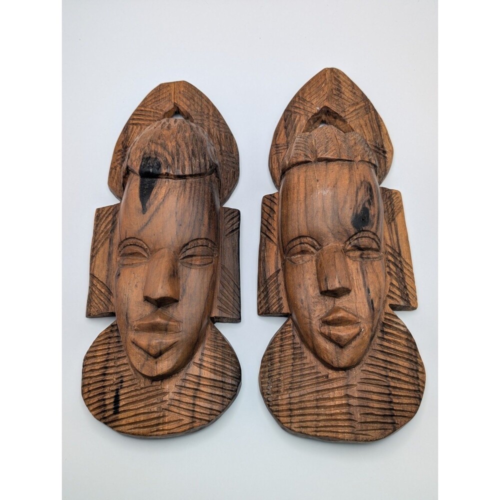 Vintage African Tribal Wood Carved Face Masks Pair Wall Hanging Art Handcrafted